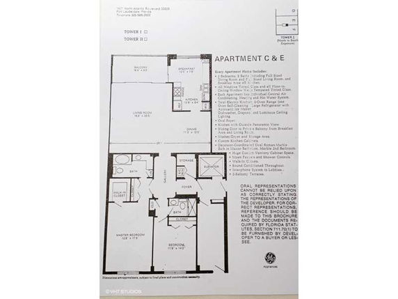 Floor plan of an apartment labeled C & E, showing the layout of rooms including a living room, dining area, kitchen, bedrooms, bathrooms, and a balcony.