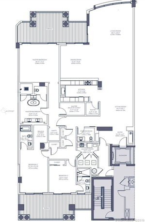Floor plan of a residential space with multiple rooms, including a master bedroom, two additional bedrooms, bathrooms, a kitchen, living and dining areas, a pantry, and terraces.