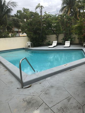 Outdoor swimming pool with a concrete deck surrounded by palm trees.