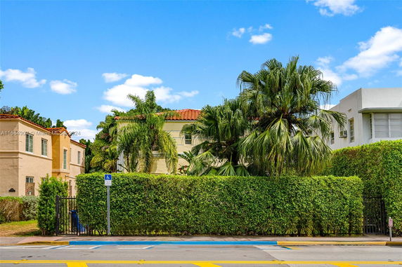 Front view of a house surrounded by hedges and palm trees.