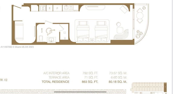 Floor plan of a residential unit featuring a living area, kitchen, bathroom, and two beds with a terrace.
