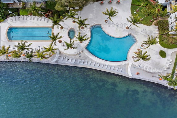 Aerial view of an outdoor swimming pool area with deck chairs and palm trees, adjacent to a body of water.