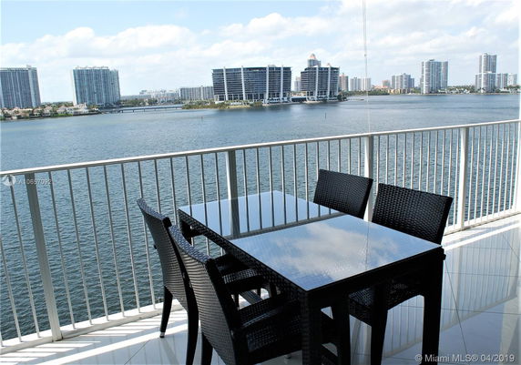 Panoramic view from a balcony overlooking a waterfront and city buildings.