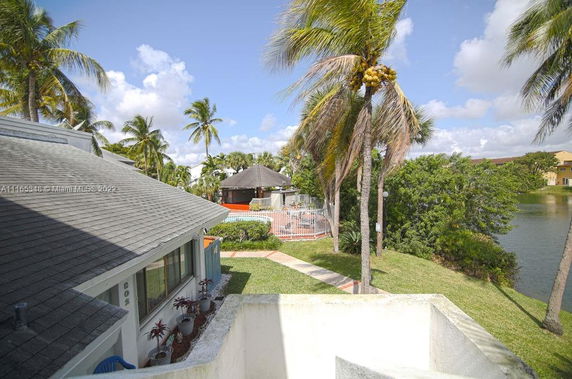 View of the surrounding area including palm trees and a body of water.