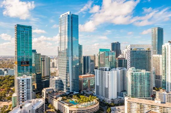 Panoramic view of a cityscape with multiple skyscrapers and buildings.