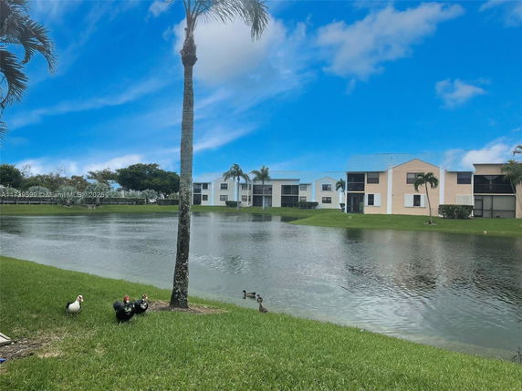View of two-story buildings by a pond with palm trees and ducks.