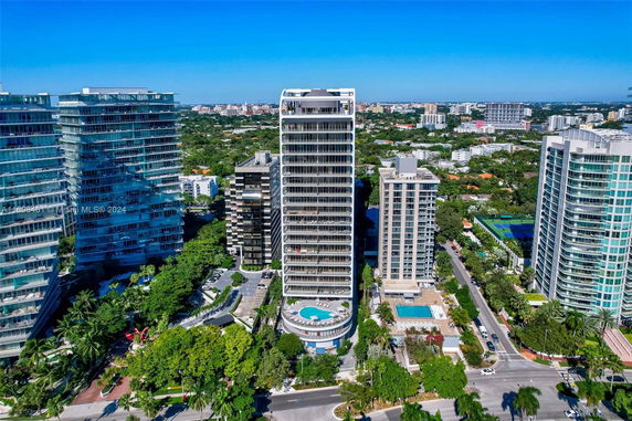 Aerial view of a cityscape with multiple high-rise residential buildings and greenery.