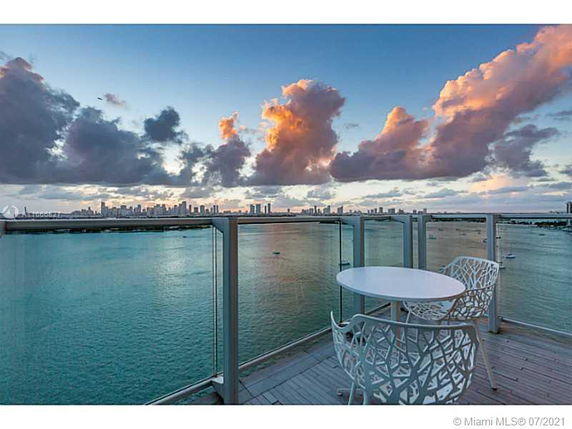 Wide-angle view of a city skyline across the water seen from a balcony.