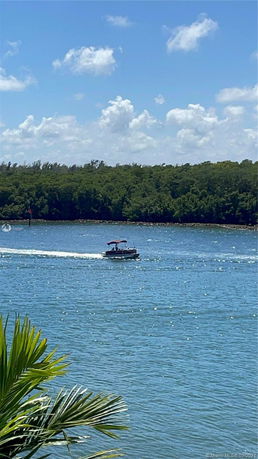 Waterfront view with a boat on a body of water and trees in the background.