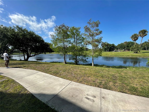 View of a pathway beside a pond with trees and grassy area.