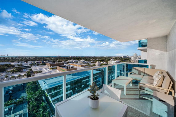 Panoramic view from a balcony overlooking a cityscape with buildings and distant horizon.