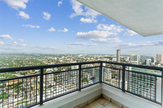 Panoramic view of cityscape from a high-rise balcony.