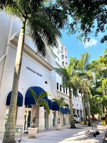 Front view of a multi-story building with blue awnings and palm trees.