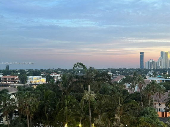 Panoramic view showing a blend of residential and skyscraper buildings with palm trees in the foreground.