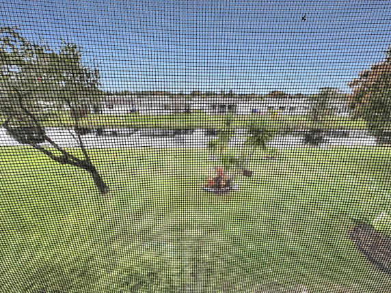 View of outdoor area with grass and trees through a window screen.