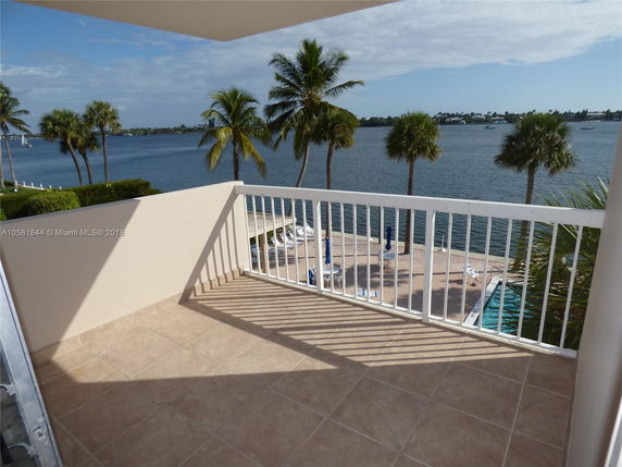 Balcony view with balustrade overlooking a body of water and palm trees.