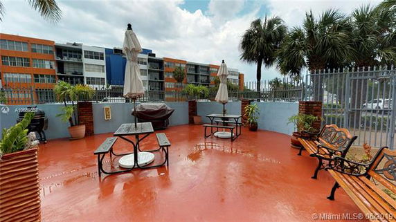 Rooftop area with picnic tables, benches, and umbrellas. Nearby buildings visible in the background.