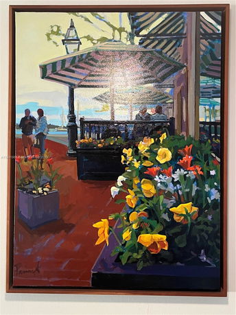 Painting of an outdoor cafe scene with striped awnings and colorful flowers.