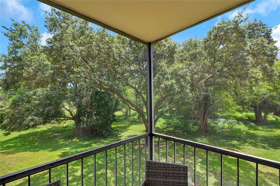 View of lush green trees and grass seen from a screened balcony.
