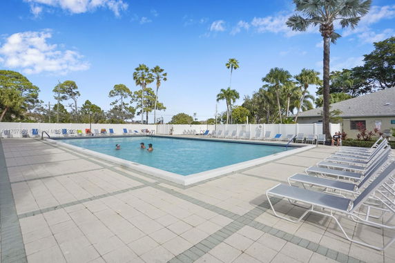 Outdoor swimming pool area with lounge chairs and palm trees.