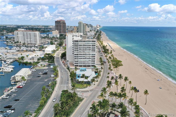 Aerial view of a coastal cityscape with high-rise buildings lining the beach.