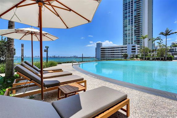 Poolside view with lounge chairs and umbrellas overlooking surrounding buildings and water.