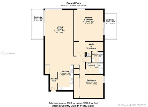 Floor plan of a ground floor apartment with two bedrooms, a living room, kitchen, and two balconies.