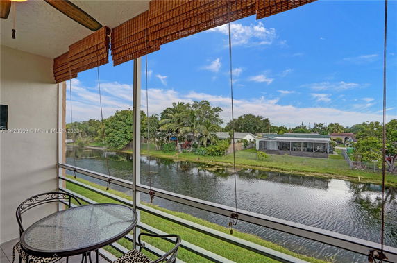 View from a balcony overlooking a canal with surrounding houses and trees in the background.
