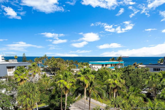 View of buildings and ocean in a tropical setting with palm trees.