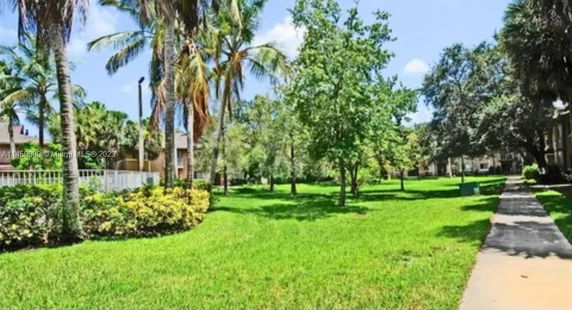 View of grassy area with palm trees and buildings in the background.
