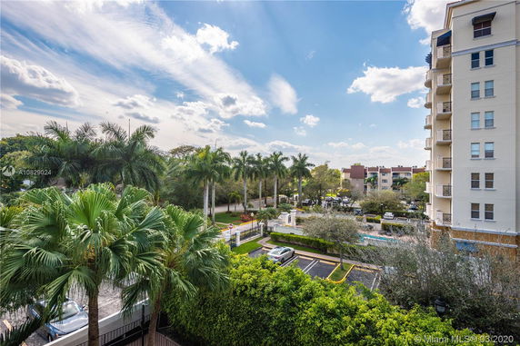 View of surrounding area with palm trees and apartment buildings.