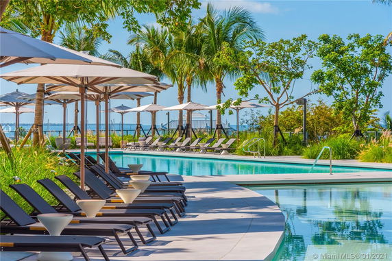 Outdoor pool area with sun loungers and umbrellas beside a landscaped area featuring palm trees.