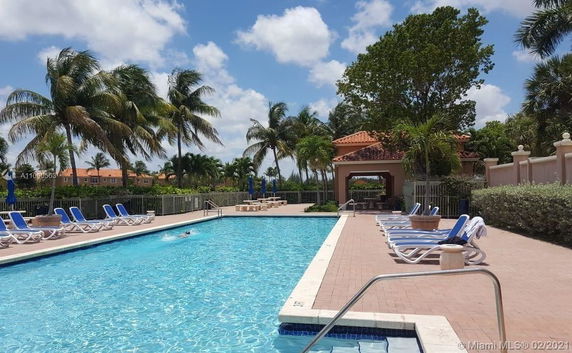 Outdoor swimming pool with lounge chairs and palm trees around.
