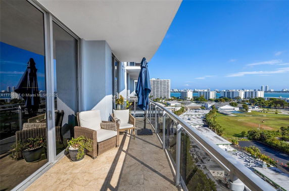 Balcony view of urban area with high-rise buildings and greenery.