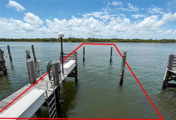 View of a waterfront area with docks extending into the water, trees visible in the distance.