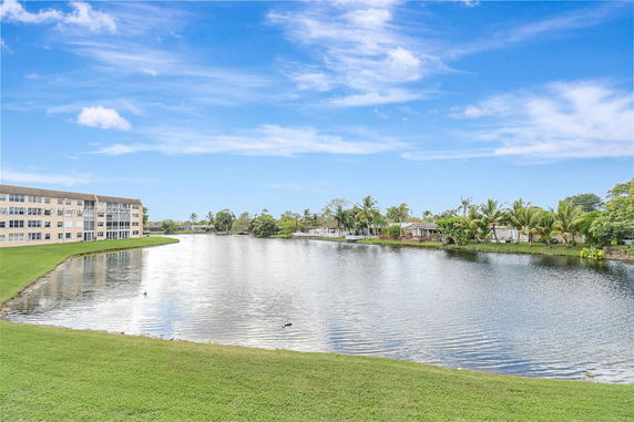 Landscape view showing a lake with buildings and palm trees in the background.
