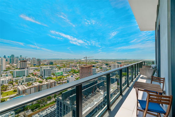 Panoramic view from a high-rise balcony overlooking a cityscape with tall buildings.