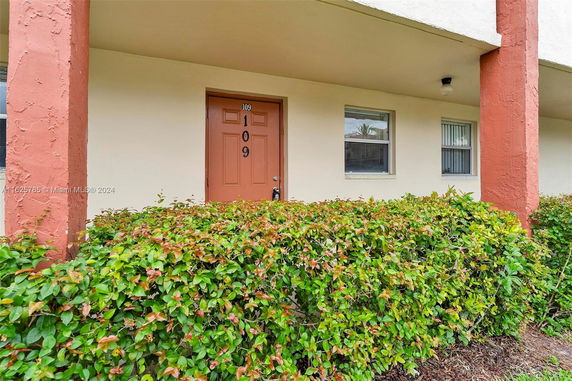 Front view of an apartment entrance with a doorway and windows.