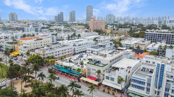 View of city buildings and streets, with palm trees lining the roadway.