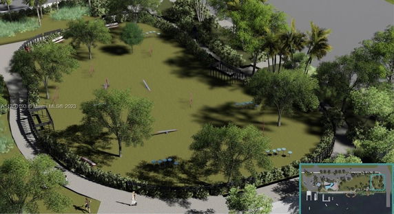Aerial view of a grassy outdoor play area with benches and pathways surrounded by trees.