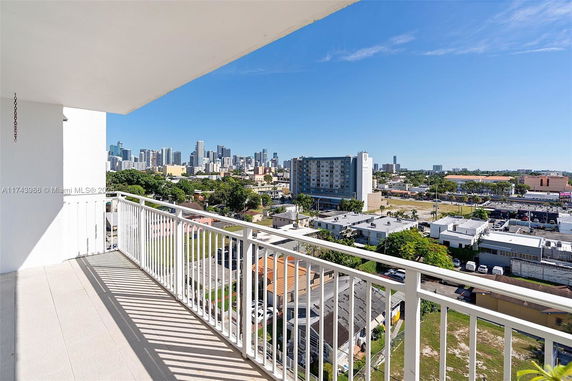 Panoramic view of a city landscape from a high-rise balcony.