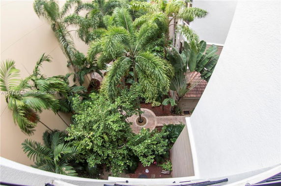 Top view of a courtyard with lush greenery and tall palm trees.