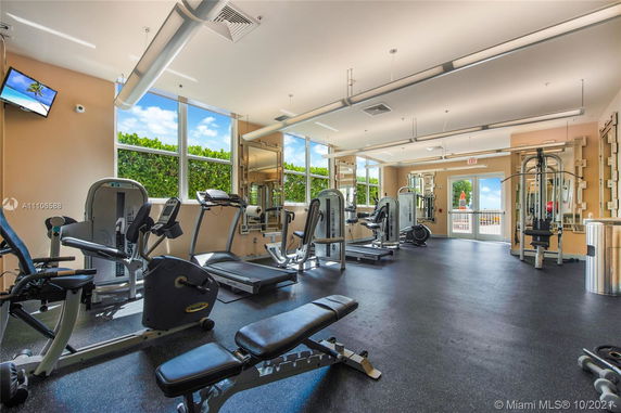 Interior view of a gym equipped with exercise machines and weights.