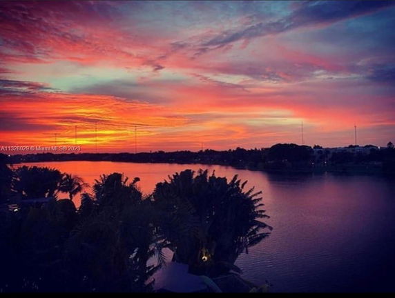 Colorful sunset over a body of water with silhouetted palm trees.