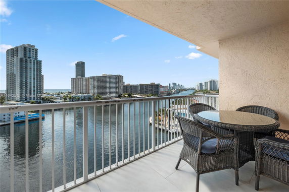 Panoramic view from a balcony overlooking a body of water and city buildings.