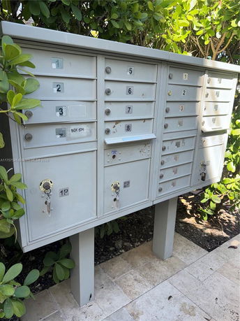 Close-up of an outdoor mailbox stand with multiple locked compartments.