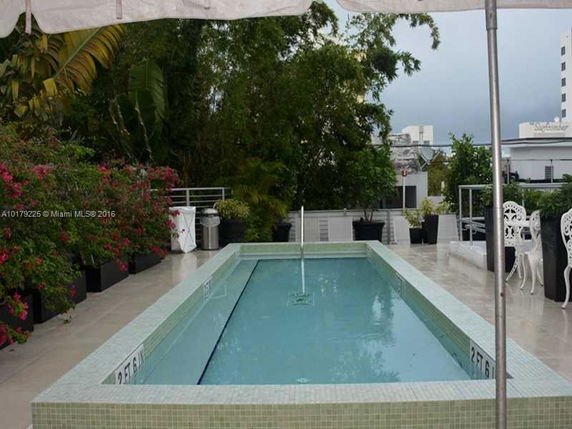 Swimming pool on a rooftop surrounded by greenery and seating.