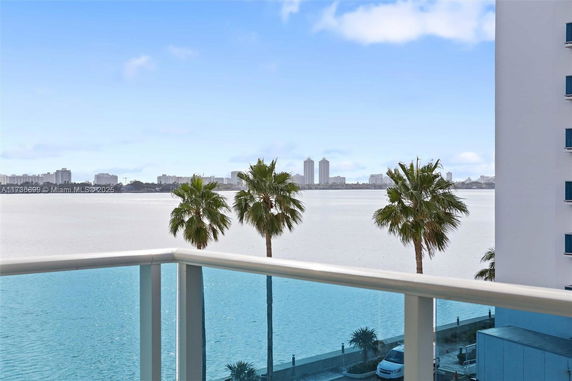 Panoramic view from a balcony overlooking the water and city skyline.