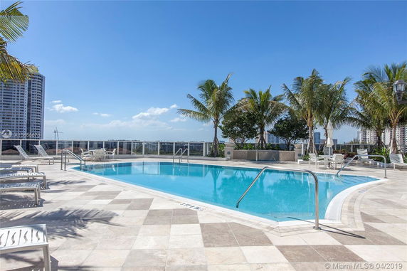 Rooftop area with a swimming pool and surrounding palm trees.