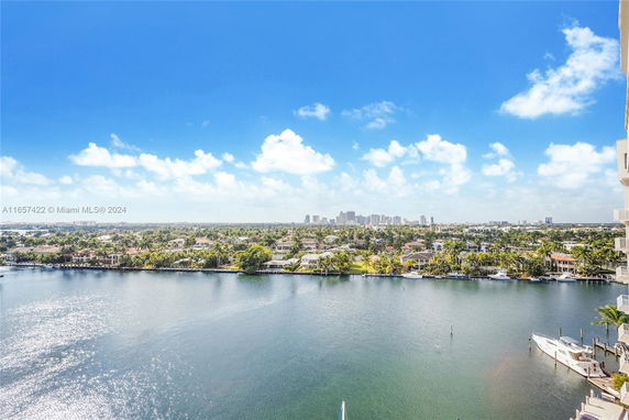 Panoramic view of waterfront residential area with skyline in the distance.